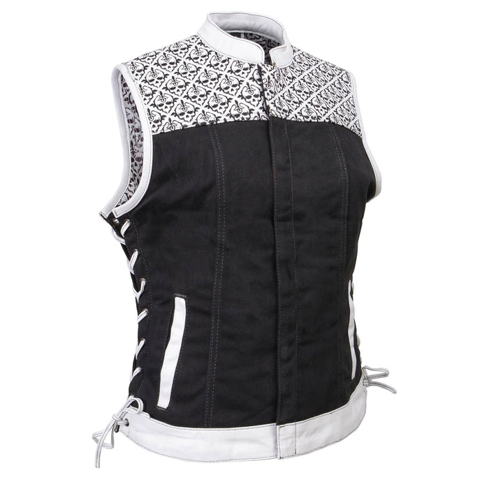 Women's 'Skelly' Black with White Motorcycle Denim Vest w/ Skull Embroidery