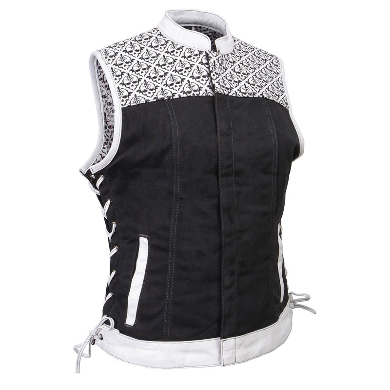 Women's 'Skelly' Black with White Motorcycle Denim Vest w/ Skull Embroidery