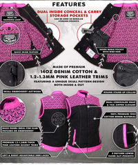 Women's 'Skelly' Black with Pink Motorcycle Denim Vest w/ Skull Embroidery