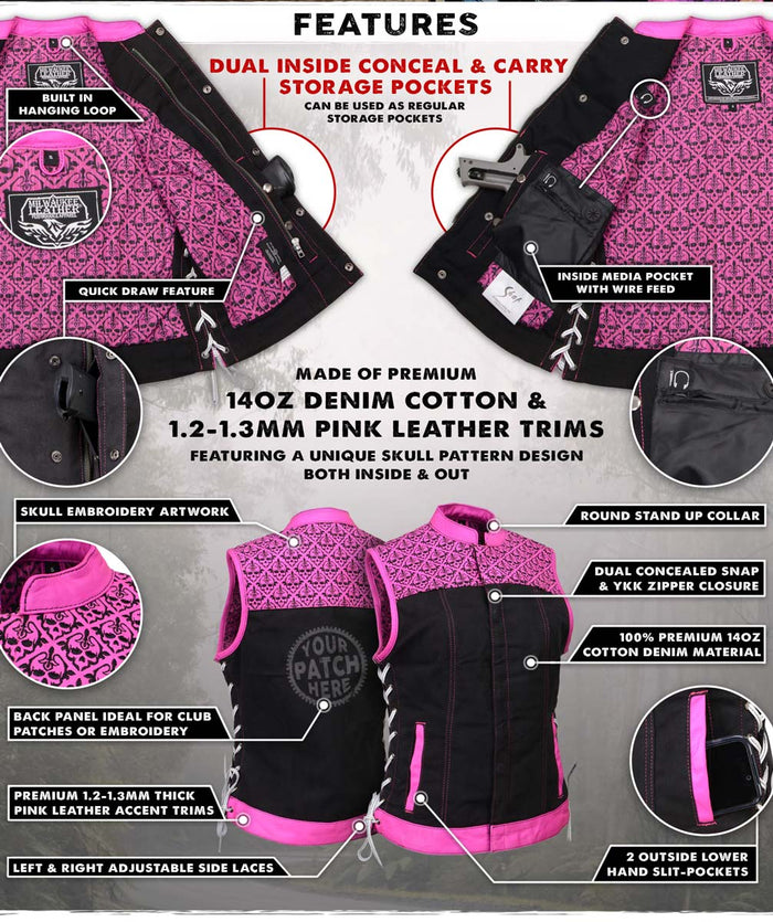 Women's 'Skelly' Black with Pink Motorcycle Denim Vest w/ Skull Embroidery