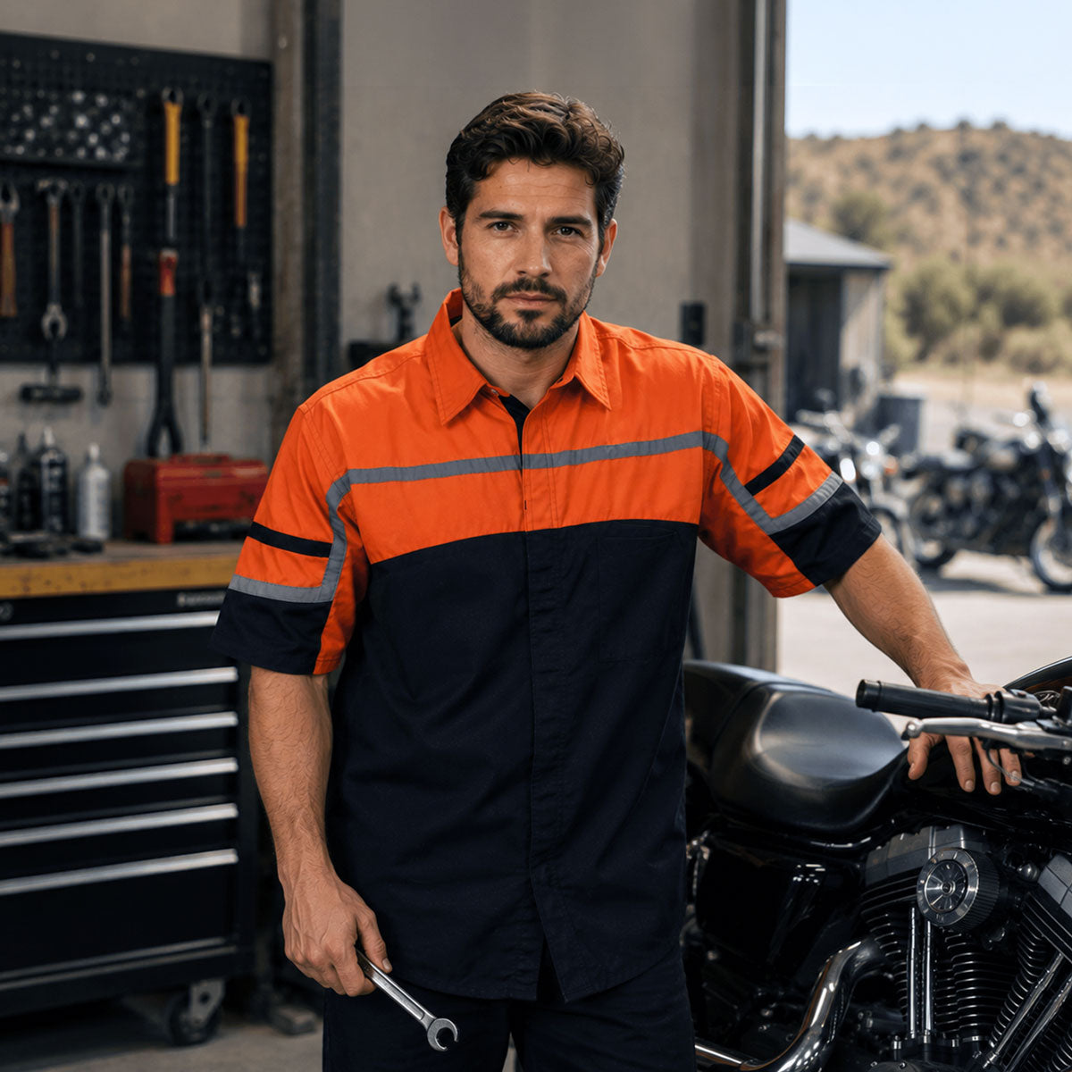 Men's Black Orange Grey Reflective Mechanic Work Shirt 50/50 Cotton Poly
