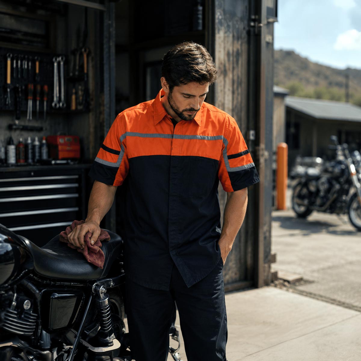 Men's Black Orange Grey Reflective Mechanic Work Shirt 50/50 Cotton Poly