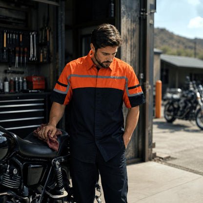 Men's Black Orange Grey Reflective Mechanic Work Shirt 50/50 Cotton Poly