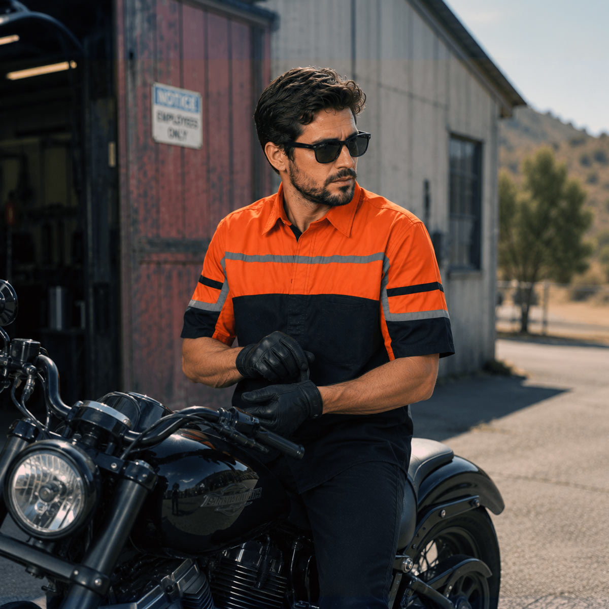Men's Black Orange Grey Reflective Mechanic Work Shirt 50/50 Cotton Poly