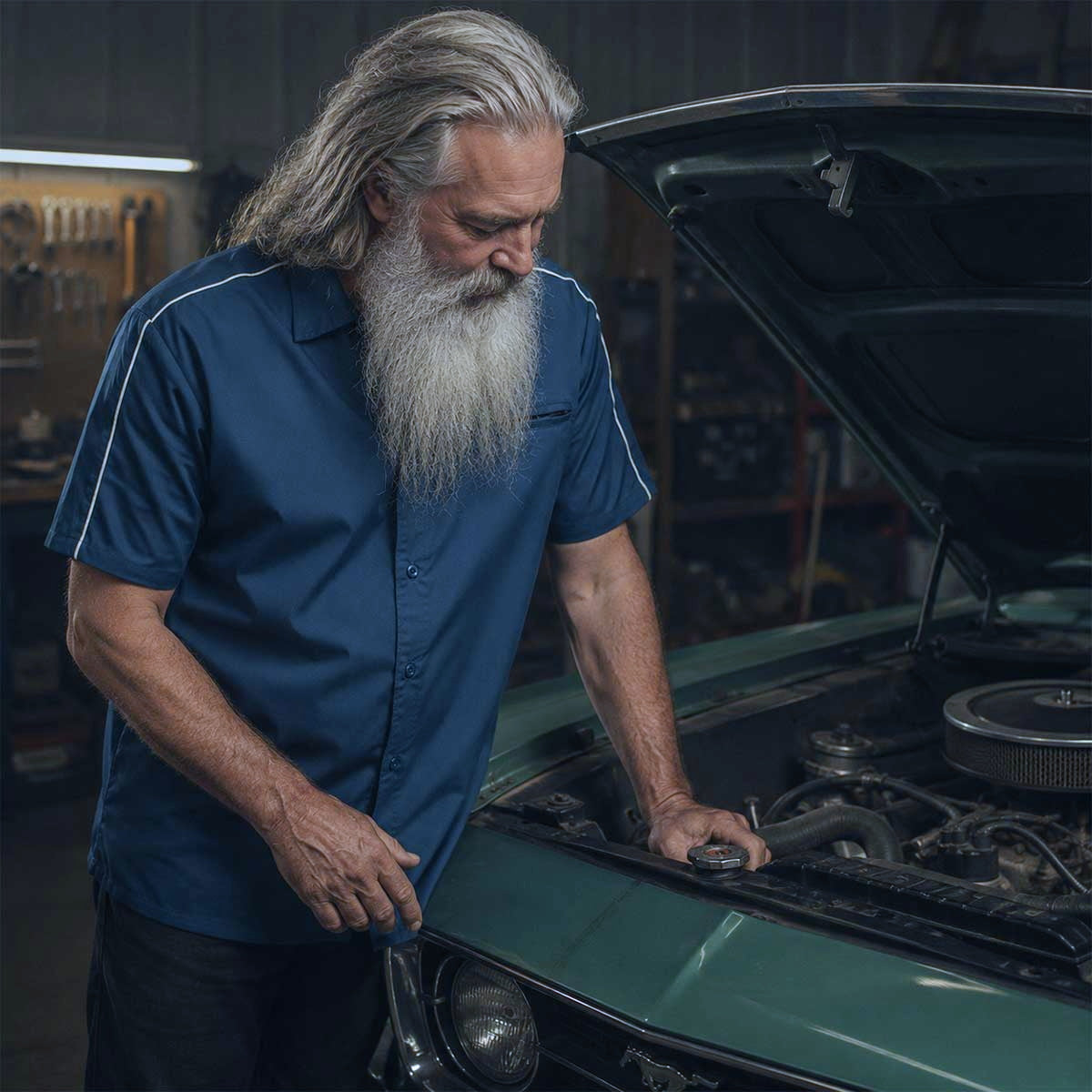 Men's Blue Pinstripe Short Sleeve Mechanic Work Shirt