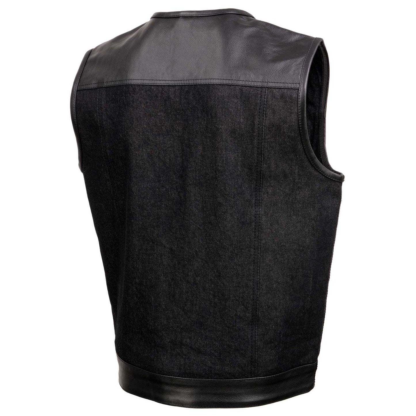 Men's 'Brute' Concealed Snap Black Denim and Black Leather Club Style Vest w/ Hidden Zipper