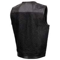 Men's 'Brute' Concealed Snap Black Denim and Black Leather Club Style Vest w/ Hidden Zipper