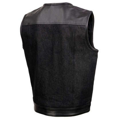 Men's 'Brute' Concealed Snap Black Denim and Black Leather Club Style Vest w/ Hidden Zipper