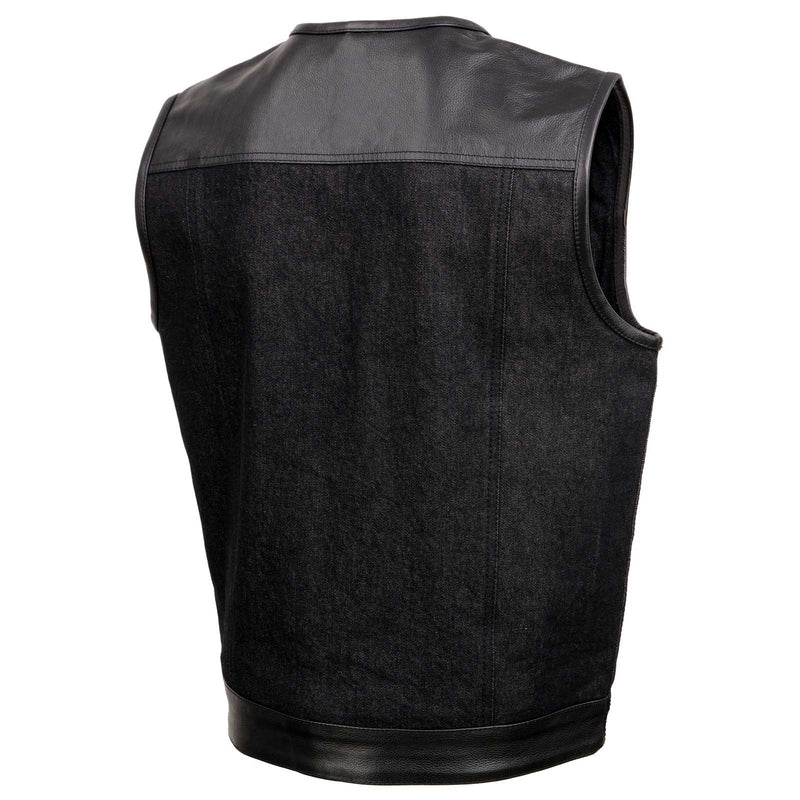 Men's 'Brute' Concealed Snap Black Denim and Black Leather Club Style Vest w/ Hidden Zipper