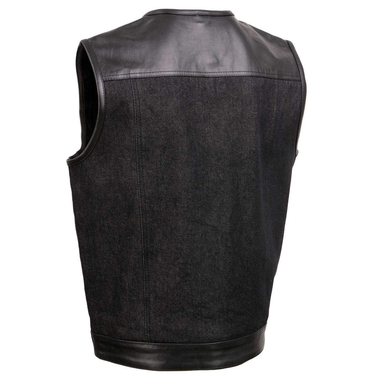 Men's 'Brute' Concealed Snap Black Denim and Black Leather Club Style Vest w/ Hidden Zipper