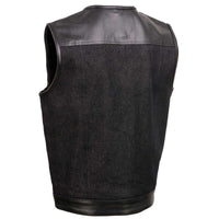 Men's 'Brute' Concealed Snap Black Denim and Black Leather Club Style Vest w/ Hidden Zipper