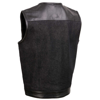 Men's 'Brute' Concealed Snap Black Denim and Black Leather Club Style Vest w/ Hidden Zipper