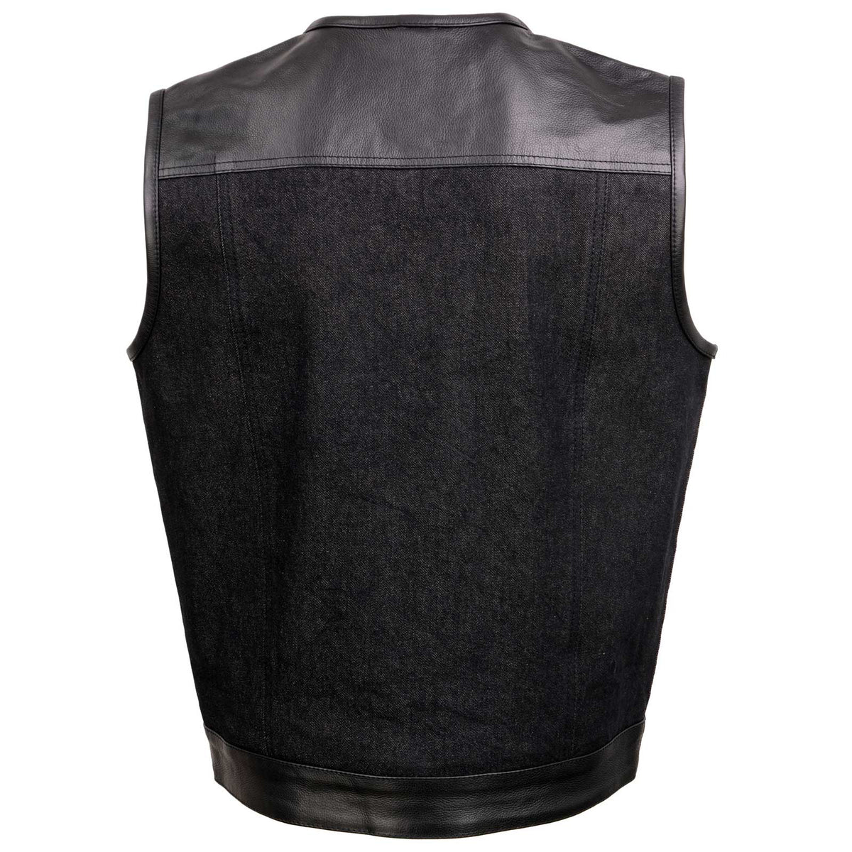 Men's 'Brute' Concealed Snap Black Denim and Black Leather Club Style Vest w/ Hidden Zipper
