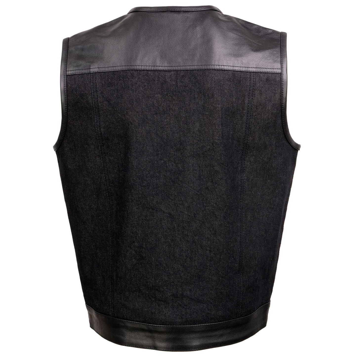 Men's 'Brute' Concealed Snap Black Denim and Black Leather Club Style Vest w/ Hidden Zipper