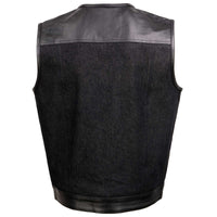 Men's 'Brute' Concealed Snap Black Denim and Black Leather Club Style Vest w/ Hidden Zipper