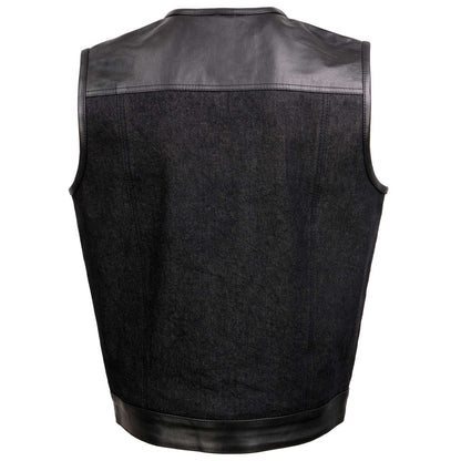Men's 'Brute' Concealed Snap Black Denim and Black Leather Club Style Vest w/ Hidden Zipper