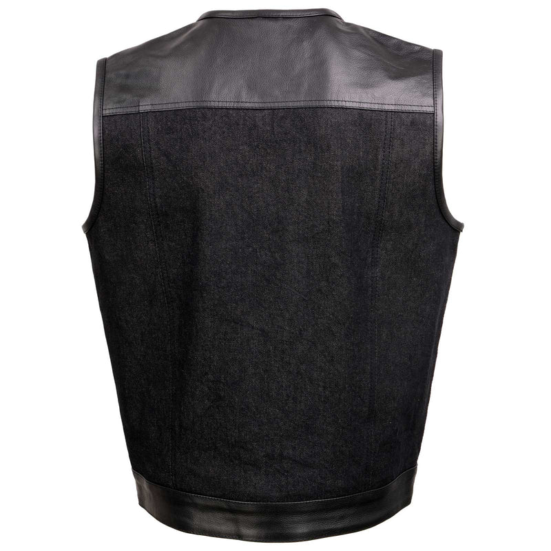 Men's 'Brute' Concealed Snap Black Denim and Black Leather Club Style Vest w/ Hidden Zipper