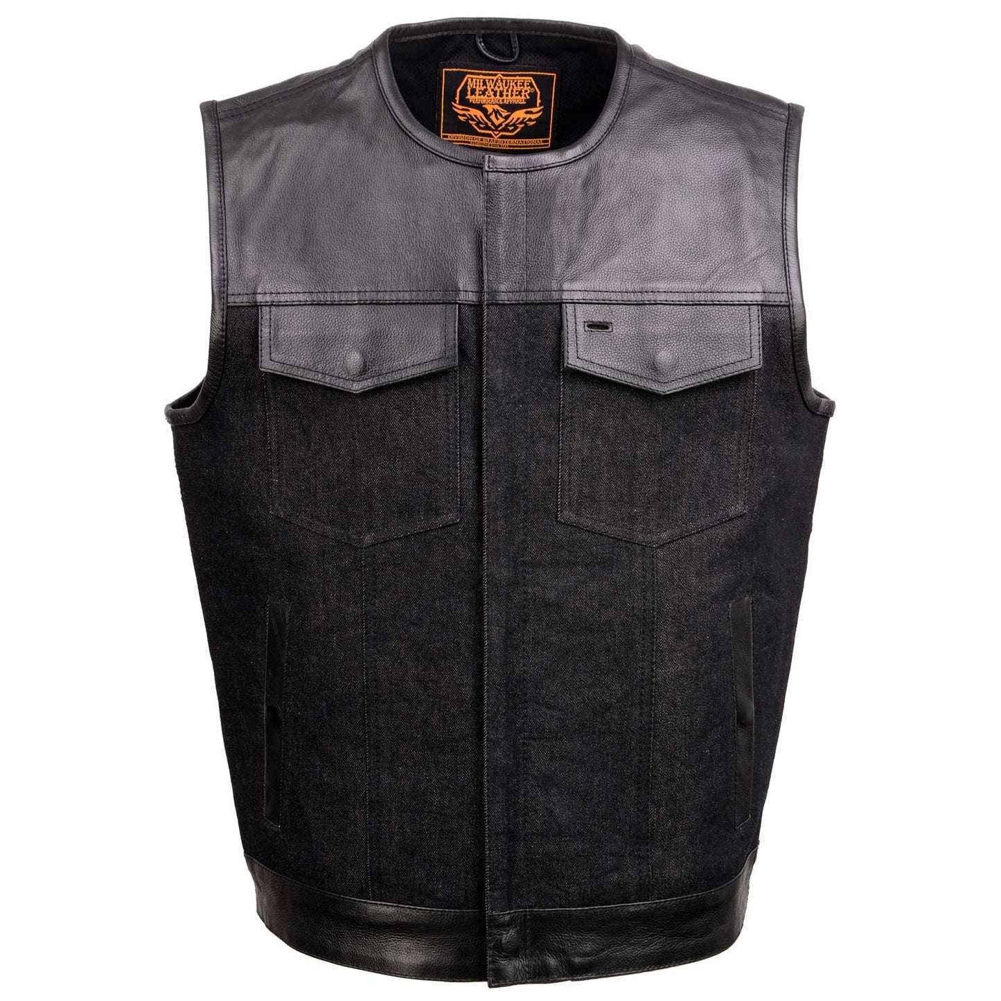 Men's 'Brute' Concealed Snap Black Denim and Black Leather Club Style Vest w/ Hidden Zipper