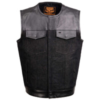 Men's 'Brute' Concealed Snap Black Denim and Black Leather Club Style Vest w/ Hidden Zipper