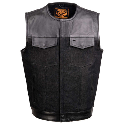 Men's 'Brute' Concealed Snap Black Denim and Black Leather Club Style Vest w/ Hidden Zipper