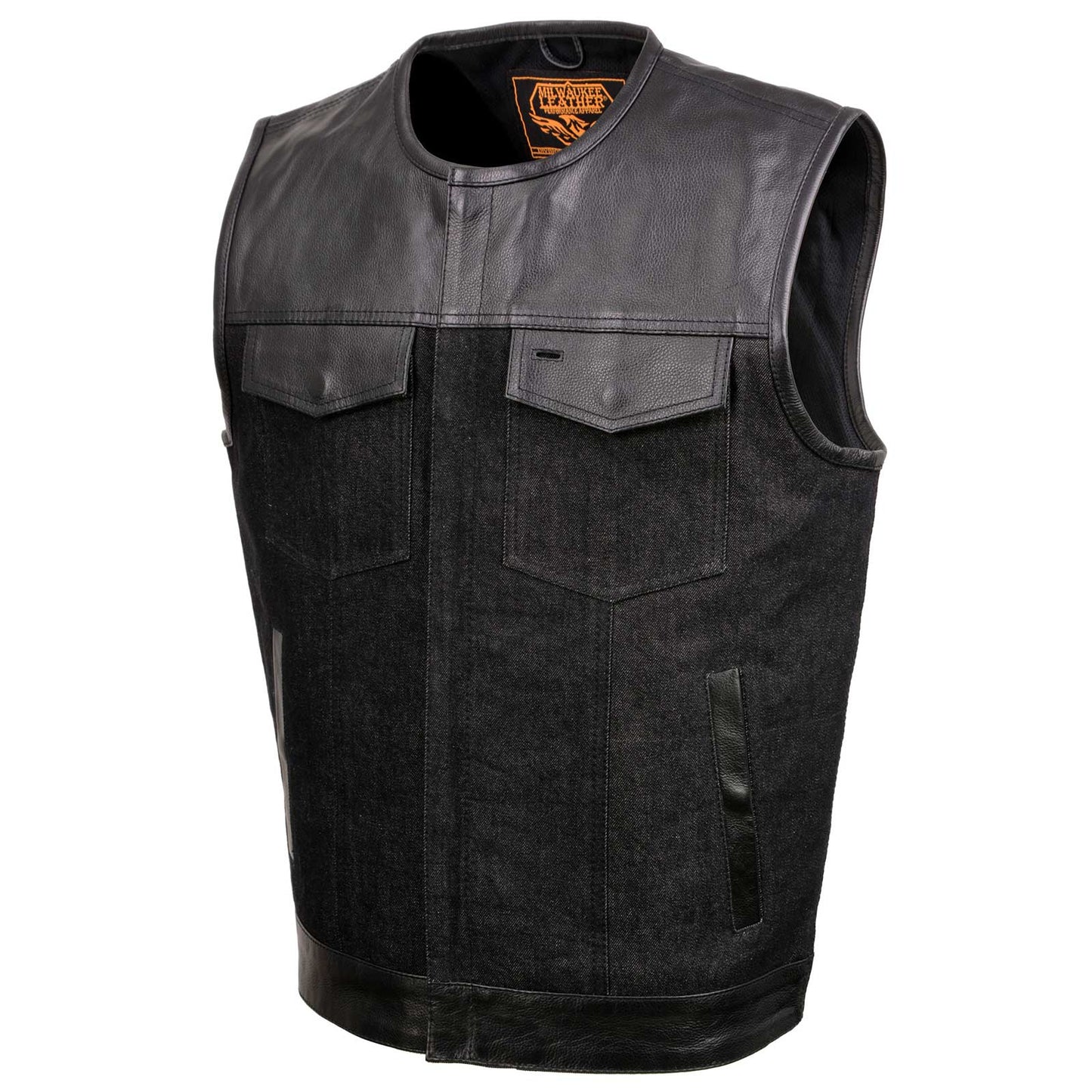 Men's 'Brute' Concealed Snap Black Denim and Black Leather Club Style Vest w/ Hidden Zipper