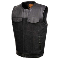 Men's 'Brute' Concealed Snap Black Denim and Black Leather Club Style Vest w/ Hidden Zipper