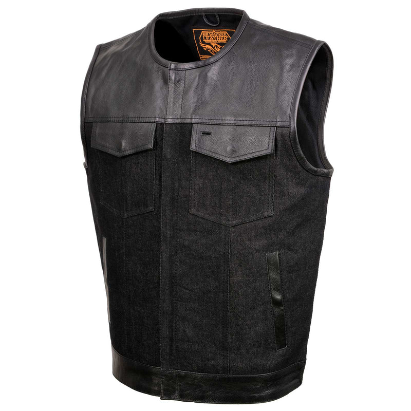 Men's 'Brute' Concealed Snap Black Denim and Black Leather Club Style Vest w/ Hidden Zipper