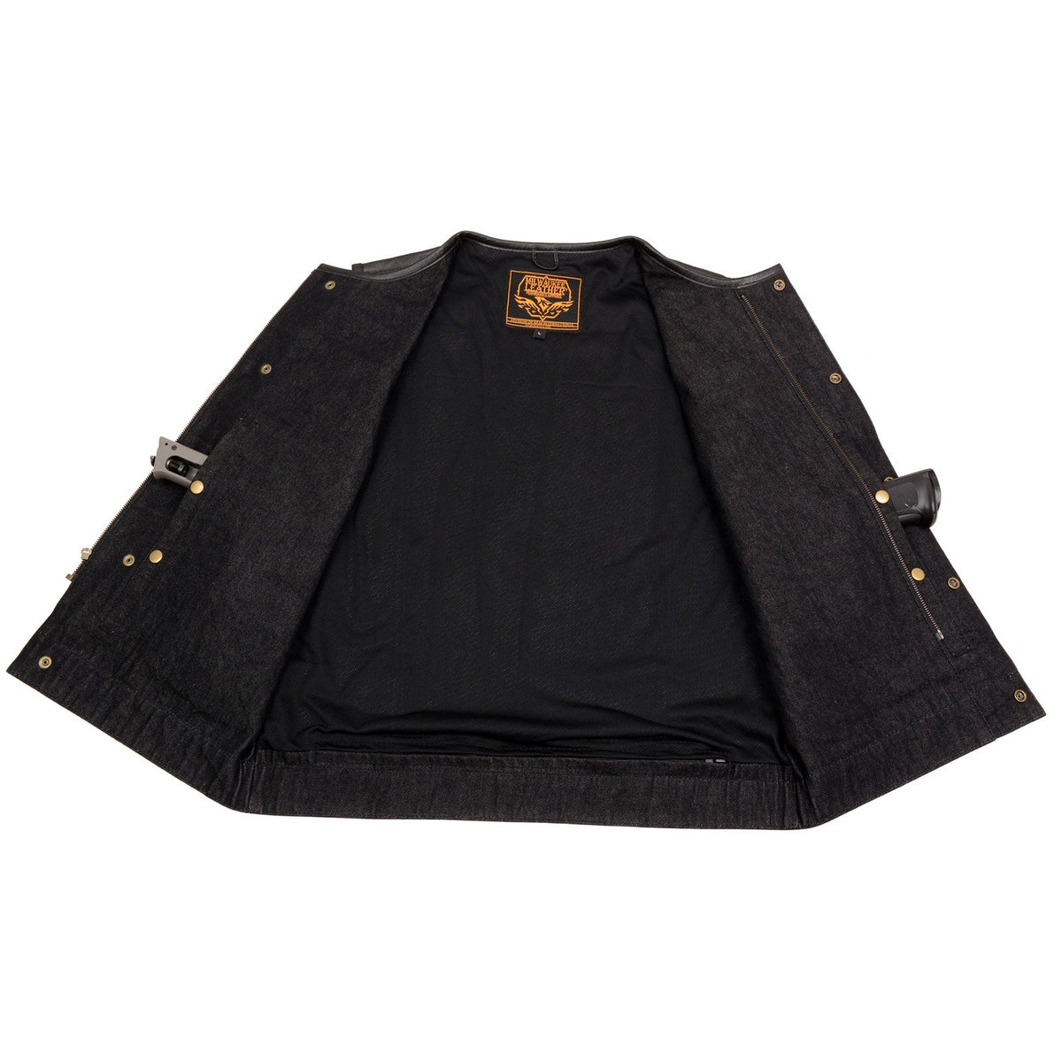 Men's 'Brute' Concealed Snap Black Denim and Black Leather Club Style Vest w/ Hidden Zipper