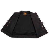 Men's 'Brute' Concealed Snap Black Denim and Black Leather Club Style Vest w/ Hidden Zipper