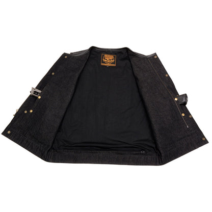 Men's 'Brute' Concealed Snap Black Denim and Black Leather Club Style Vest w/ Hidden Zipper
