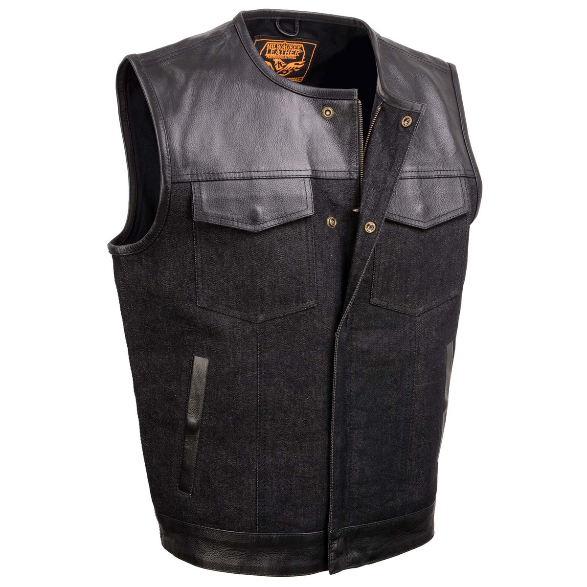 Men's 'Brute' Concealed Snap Black Denim and Black Leather Club Style Vest w/ Hidden Zipper