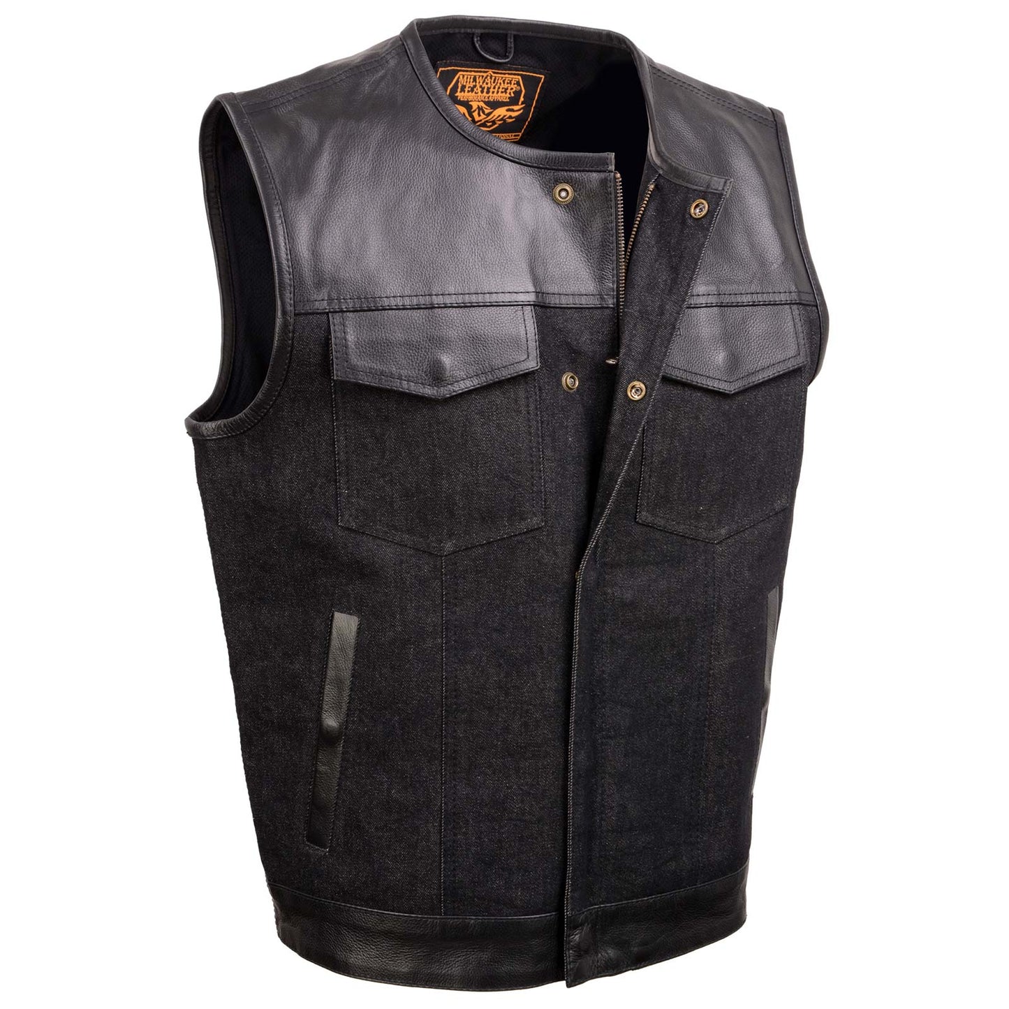 Men's 'Brute' Concealed Snap Black Denim and Black Leather Club Style Vest w/ Hidden Zipper