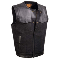 Men's 'Brute' Concealed Snap Black Denim and Black Leather Club Style Vest w/ Hidden Zipper