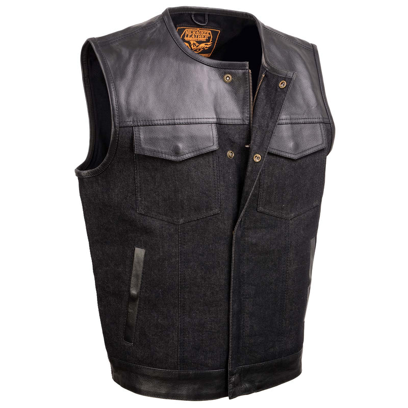 Men's 'Brute' Concealed Snap Black Denim and Black Leather Club Style Vest w/ Hidden Zipper