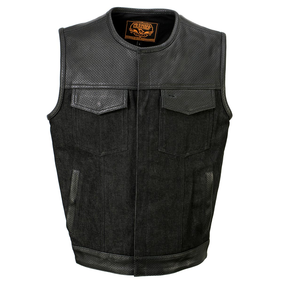 Men's 'Brute' Black Perforated Leather and Denim Club Style Vest w/ Hidden Dual Closure