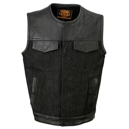 Men's 'Brute' Black Perforated Leather and Denim Club Style Vest w/ Hidden Dual Closure