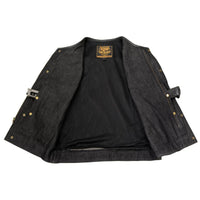 Men's 'Brute' Black Perforated Leather and Denim Club Style Vest w/ Hidden Dual Closure