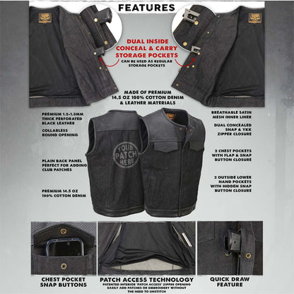 Men's 'Brute' Black Perforated Leather and Denim Club Style Vest w/ Hidden Dual Closure