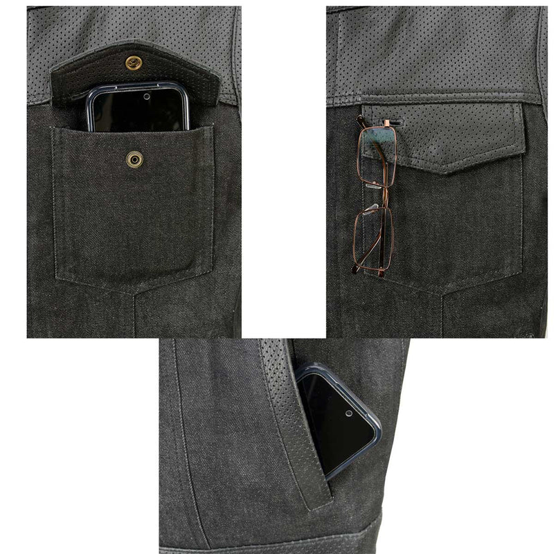 Men's 'Brute' Black Perforated Leather and Denim Club Style Vest w/ Hidden Dual Closure