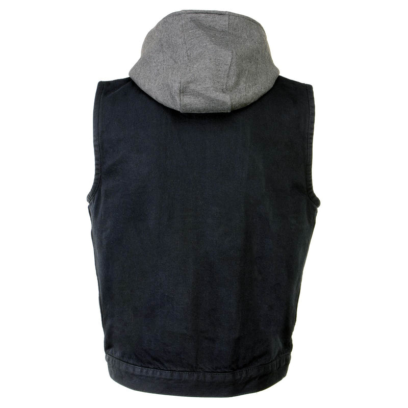 Men's 'Rustic' Black Denim Motorcycle Riding Vest with Hoodie and Quick Draw Pocket