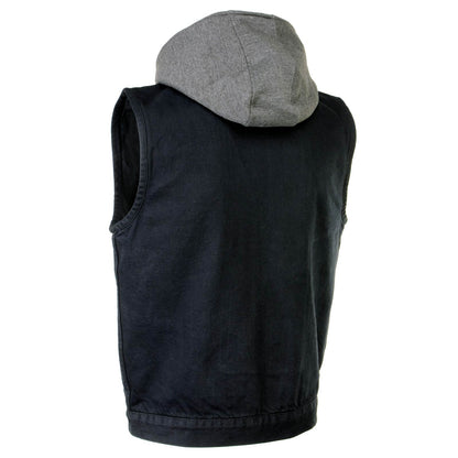 Men's 'Rustic' Black Denim Motorcycle Riding Vest with Hoodie and Quick Draw Pocket