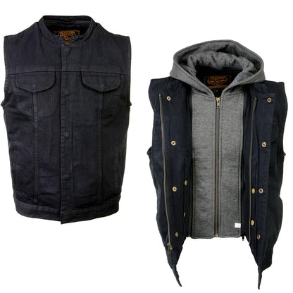Men's 'Rustic' Black Denim Motorcycle Riding Vest with Hoodie and Quick Draw Pocket