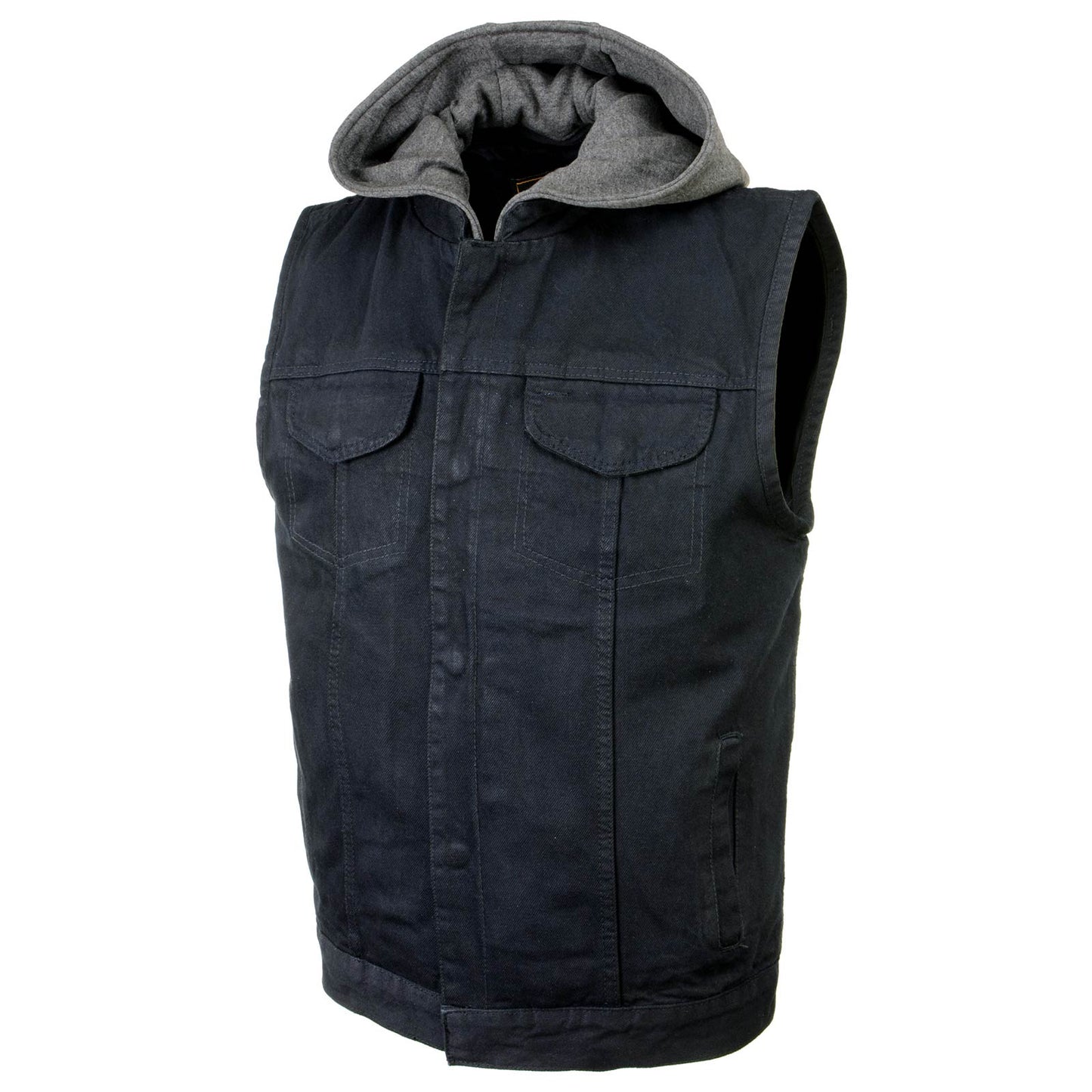 Men's 'Rustic' Black Denim Motorcycle Riding Vest with Hoodie and Quick Draw Pocket