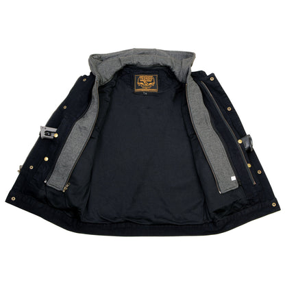 Men's 'Rustic' Black Denim Motorcycle Riding Vest with Hoodie and Quick Draw Pocket