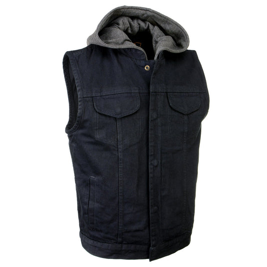 Men's 'Rustic' Black Denim Motorcycle Riding Vest with Hoodie and Quick Draw Pocket