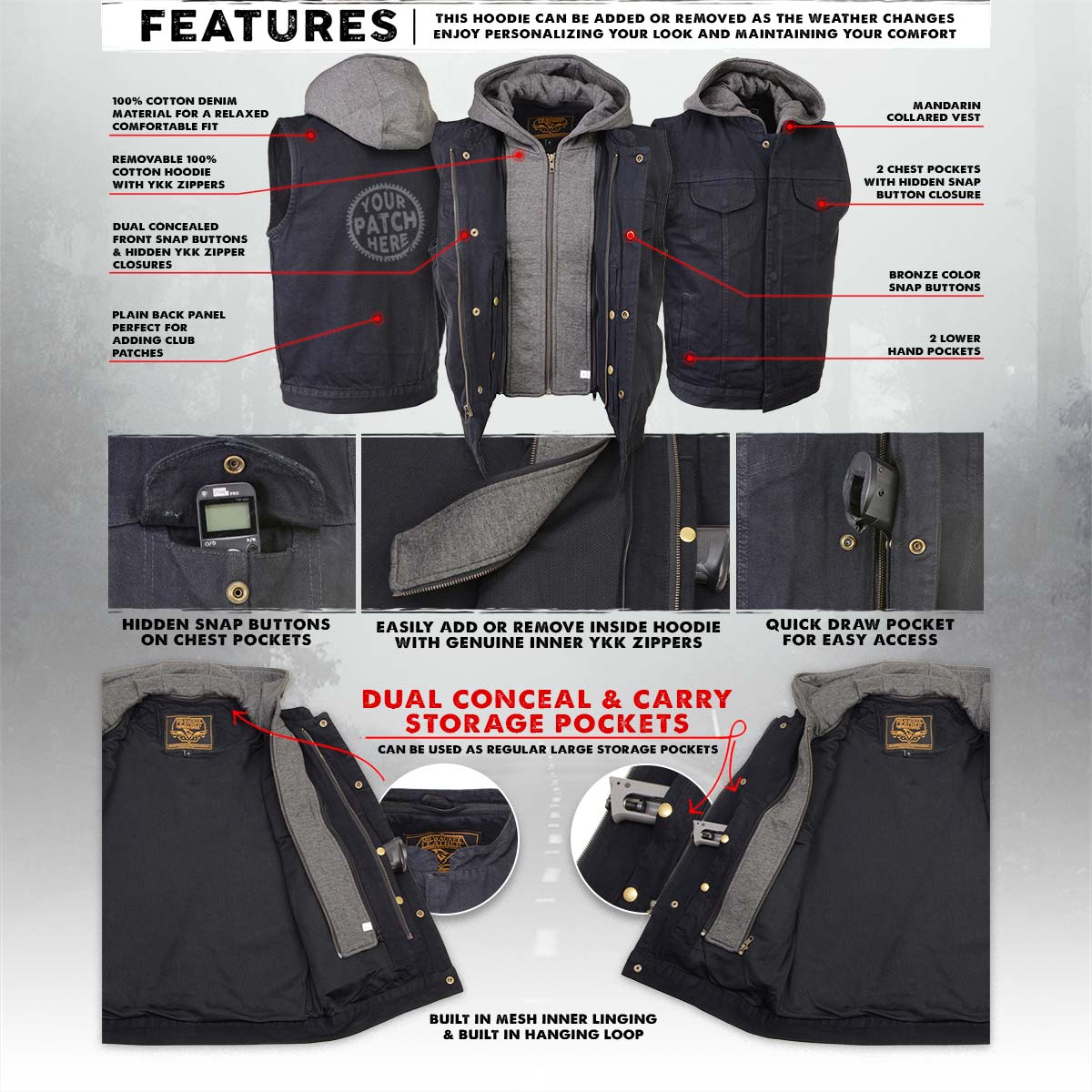 Men's 'Rustic' Black Denim Motorcycle Riding Vest with Hoodie and Quick Draw Pocket