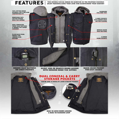 Men's 'Rustic' Black Denim Motorcycle Riding Vest with Hoodie and Quick Draw Pocket