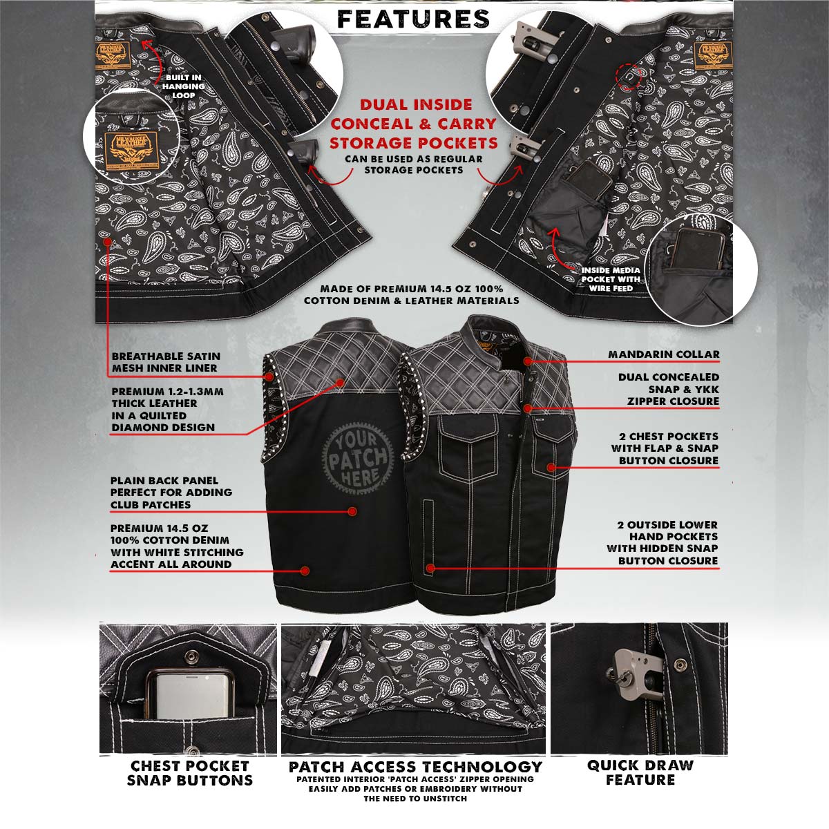 Men's 'Wrecker' Black Denim and Leather Club Style Vest w