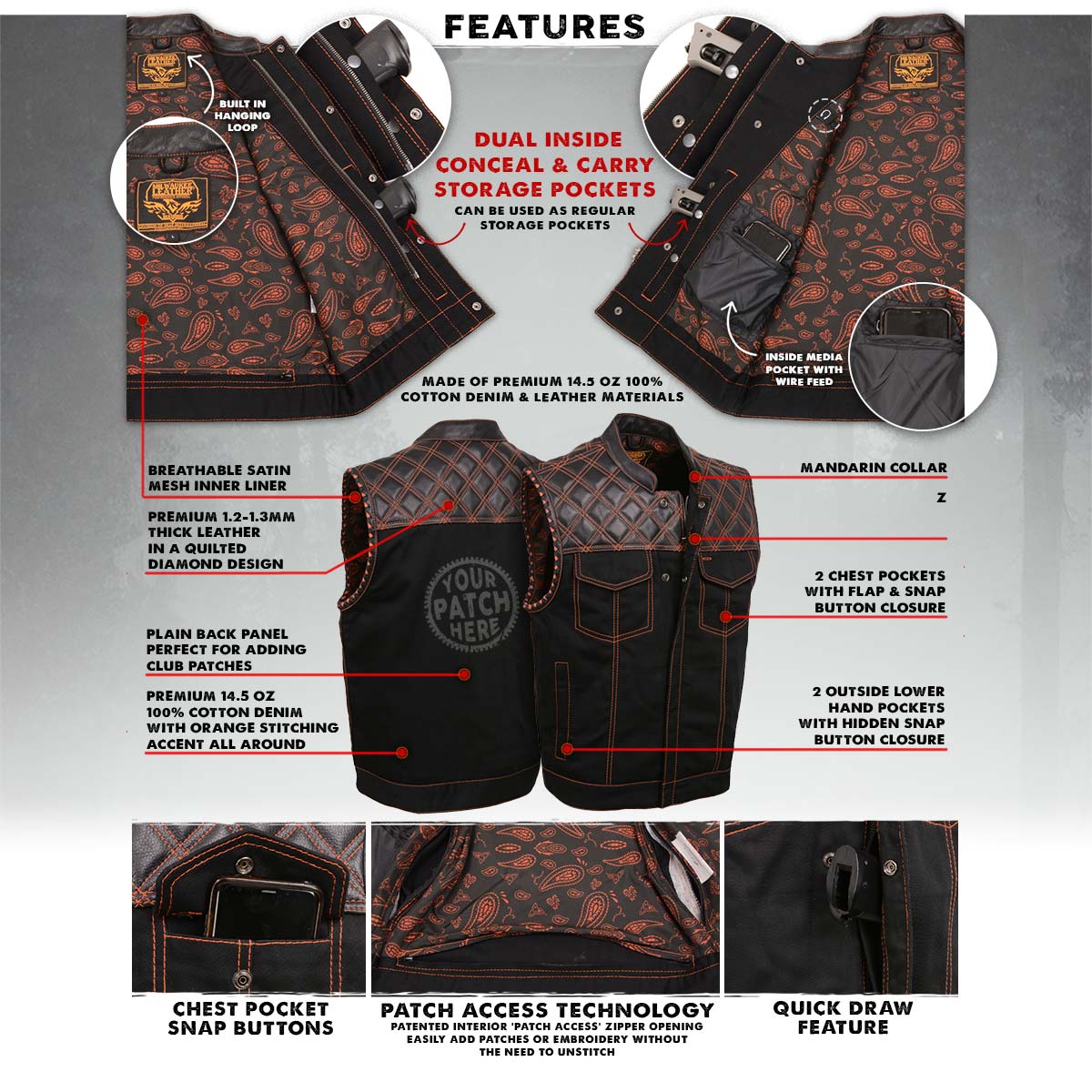 Men's 'Wrecker' Black Denim and Leather Club Style Vest w/ Diamond Quilt Design