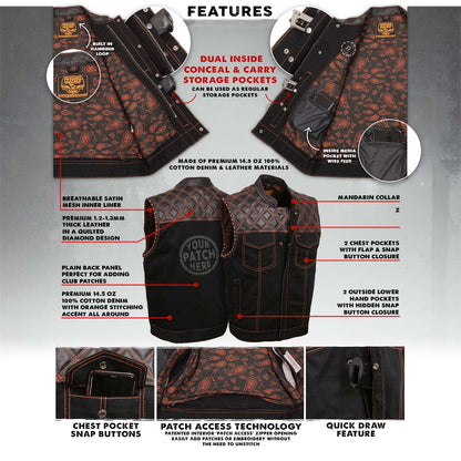 Men's 'Wrecker' Black Denim and Leather Club Style Vest w/ Diamond Quilt Design